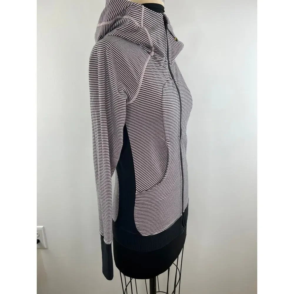 Lululemon Run Go The Distance Pink Black Stripe Front Zip LS Scuba Hoodie 6 S M